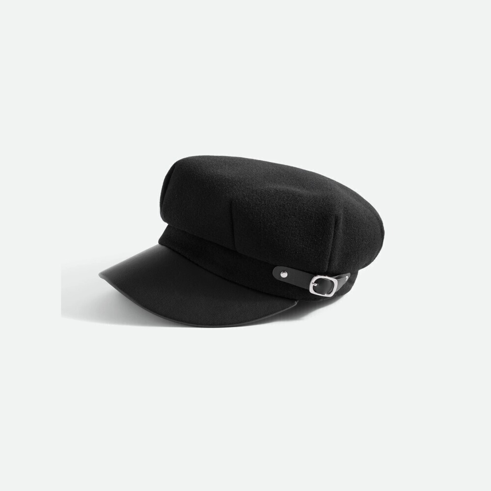 Black Brushed-Look Faux Leather Brim Buckle Trim News Baker Boy Cap